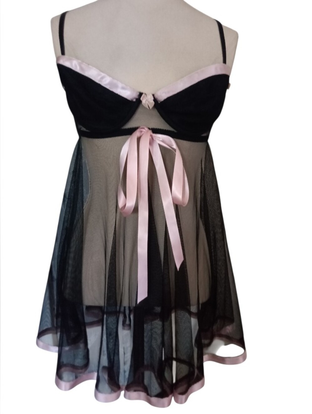 Victorias Secret Black Mesh Babydoll Pink Satin Trim Front & Back Bows Size 34B